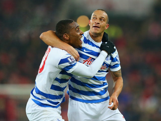 Bobby Zamora of QPR celebrates scoring their second goal with Leroy Fer of QPR during the Barclays Premier League match between Sunderland and Queens Park Rangers at Stadium of Light on February 10, 2015 