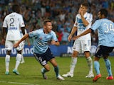 Shane Smeltz of Sydney FC celebrates after scoring his second goal during the round 17 A-League match between Sydney FC and Melbourne Victory at Allianz Stadium on February 14, 2015