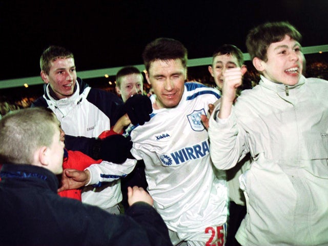 Paul Rideout of Tranmere celebrates after the AXA FA Cup fifth round replay between Tranmere Rovers and Southampton on February 20, 2001