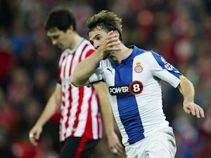 Victor Sanchez of RCD Espanyol celebrates after scoring during the Copa del Rey Semi-Final first leg match against Athletic Club on February 11, 2015