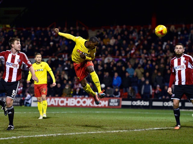 Odion Ighalo of Watford scores Watford's first goal during the Sky Bet Championship match between Brentford and Watford at Griffin Park on February 10, 2015