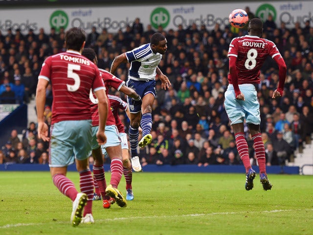 Brown Ideye of West Bromwich Albion scores their thrid goal with a header during the FA Cup Fifth Round match between West Bromwich Albion and West Ham United at The Hawthorns on February 14, 2015