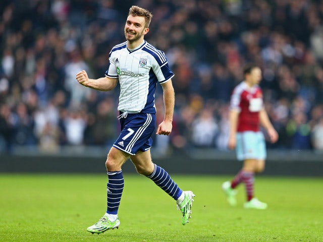 James Morrison of West Bromwich Albion celebrates as he scores their second goal during the FA Cup Fifth Round match between West Bromwich Albion and West Ham United at The Hawthorns on February 14, 2015