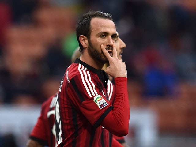 Giampaolo Pazzini of AC Milan celebrates a goal during the Serie A match between AC Milan and AC Cesena at Stadio Giuseppe Meazza on February 22, 2015