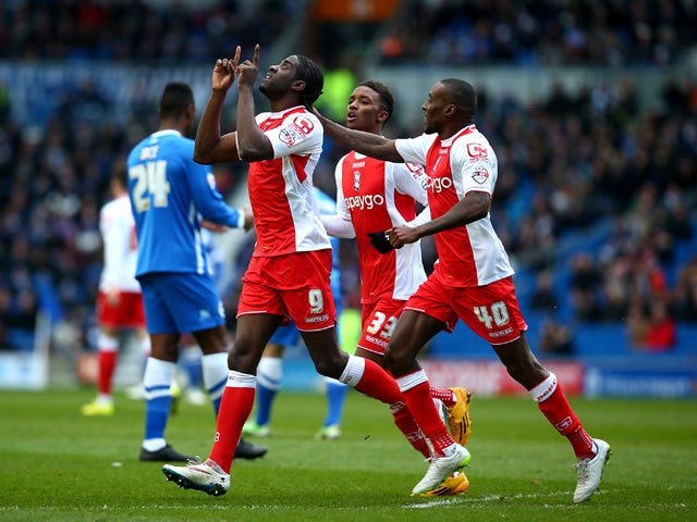 Clayton Donaldson of Birmingham celebrates after scoring the team's first goal of the game during the Sky Bet Championship match between Brighton & Hove Albion and Birmingham City at The Amex Stadium on February 21, 2015