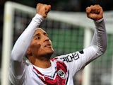Bordeaux's French Tunisian midfielder Wahbi Khazri jubilates after scoring a penalty during the French L1 football match between Rennes (Stade Rennais FC) and Bordeaux (FCGB) on February 21, 2015