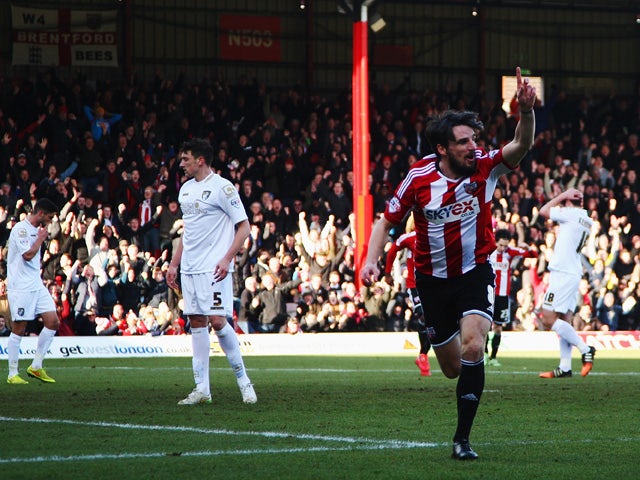 Jonathan Douglas of Brentford celebrates scoring during the Sky Bet Championship match between Brentford and AFC Bournemouth at Griffin Park on February 21, 2015