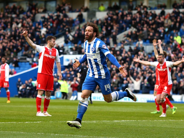Brighton's Inigo Calderon celebrates after he scores the teams second goal of the game during the Sky Bet Championship match between Brighton & Hove Albion and Birmingham City at The Amex Stadium on February 21, 2015