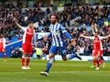 Brighton's Inigo Calderon celebrates after he scores the teams second goal of the game during the Sky Bet Championship match between Brighton & Hove Albion and Birmingham City at The Amex Stadium on February 21, 2015