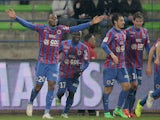 Caen's French forward Herve Bazile celebrates his goal during the French L1 football match between Caen (SMC) and Lens (RCL) on February 21, 2015