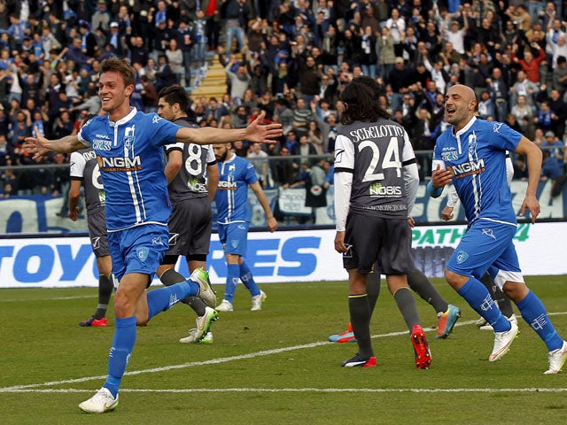 Daniele Rugani of Empoli FC celebrates after scoring a goal during the Serie A match between Empoli FC and AC Chievo Verona at Stadio Carlo Castellani on February 22, 2015