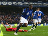 Romelu Lukaku of Everton celebrates as Matthew Upson of Leicester City scores an own goal for their second goal during the Barclays Premier League match between Everton and Leicester City at Goodison Park on February 22, 2015