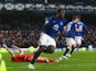 Romelu Lukaku of Everton celebrates as Matthew Upson of Leicester City scores an own goal for their second goal during the Barclays Premier League match between Everton and Leicester City at Goodison Park on February 22, 2015