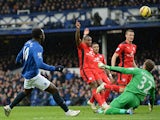 Everton's Belgian striker Romelu Lukaku takes an unsuccesful shot on goal during the English Premier League football match between Everton and Leicester City at the Goodison Park in Liverpool, northwest England on February 22, 2015