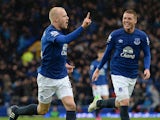 Everton's Scottish striker Steven Naismith celebrates after scoring his team's first goal during the English Premier League football match between Everton and Leicester City at the Goodison Park in Liverpool, northwest England on February 22, 2015