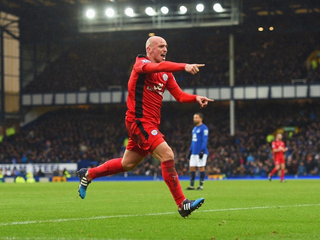 Esteban Cambiasso of Leicester City celebrates as he scores their second goal during the Barclays Premier League match between Everton and Leicester City at Goodison Park on February 22, 2015