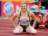 Lucy Hatton reacts after running a personal best in the Women's 100m Hurdles Final during day two of the Sainsbury's British Championships at Birmingham Alexander Stadium on June 28, 2014