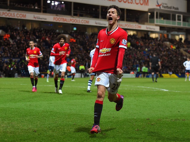 Ander Herrera of Manchester United celebrates scoring their first goal during the FA Cup Fifth round match between Preston North End and Manchester United at Deepdale on February 16, 2015 