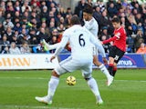 Ander Herrera of Manchester United scores the opening goal during the Barclays Premier League match between Swansea City and Manchester United at Liberty Stadium on February 21, 2015
