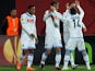 Napoli's Manolo Gabbiadini (L-2) celebrates with his team mates after score a goal during the first-leg round of 32 UEFA Europa League football match against Trabzonspor on February 19, 2015