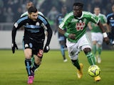 Saint-Etienne's Senegalese defender Mustapha Bayal Sall (R) vies with Marseille's French forward Andre-Pierre Gignac (L) during the French L1 football match on February 22, 2015