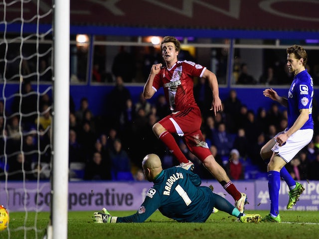 Middlesbrough striker Patrick Bamford scores the equaliser during the Sky Bet Championship match against Birmingham City on February 18, 2015