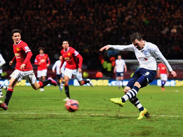 Scott Laird of Preston North End scores the opening goal during the FA Cup Fifth round match between Preston North End and Manchester United at Deepdale on February 16, 2015