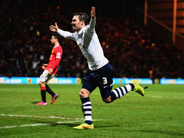 Scott Laird of Preston North End celebrates scoring the opening goal during the FA Cup Fifth round match between Preston North End and Manchester United at Deepdale on February 16, 2015 