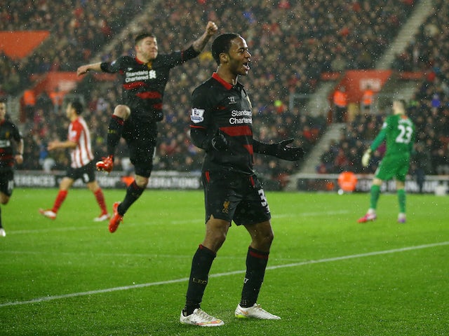 Raheem Sterling of Liverpool celebrates after scoring his team's second goal during the Barclays Premier League match against Southampton on February 22, 2015