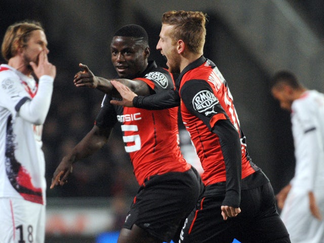 Rennes' French Cameroonian forward Paul-Georges Ntep celebrates after scoring a goal during to the French L1 football match between Rennes (SRFC) and Bordeaux (FCGB) on February 21, 2015