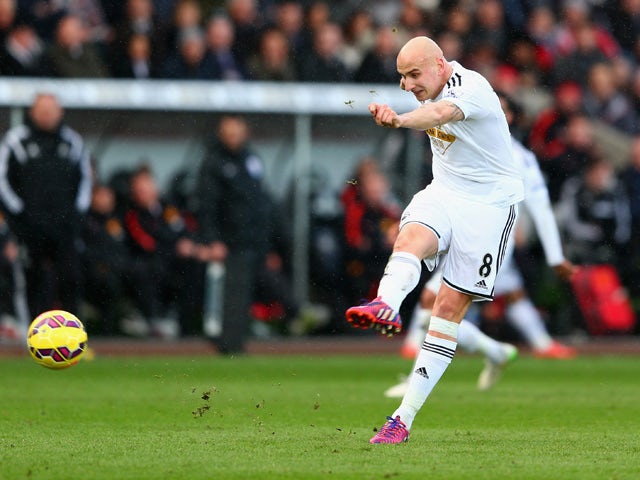 Jonjo Shelvey of Swansea City scores their second goal during the Barclays Premier League match between Swansea City and Manchester United at Liberty Stadium on February 21, 2015