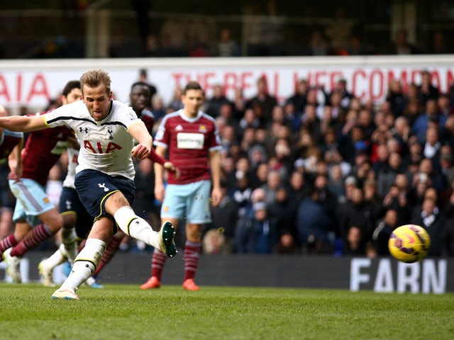 Harry Kane of Spurs takes an injury time penalty which is saved during the Barclays Premier League match between Tottenham Hotspur and West Ham United at White Hart Lane on February 22, 2015