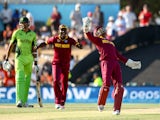 Denesh Ramdin of West Indies celebrates holding a catch during the 2015 ICC Cricket World Cup match between Pakistan and the West Indies at Hagley Oval on February 21, 2015
