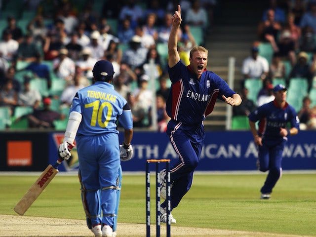 Andrew Flintoff of England celebrates the wicket of Sachin Tendulkar of India during the ICC Cricket World Cup 2003, Pool A match between England and India held on February 26, 2015