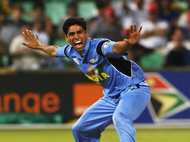Ashish Nehra of India celebrates the wicket of Alec Stewart of England during the ICC Cricket World Cup 2003, Pool A match between England and India held on February 26, 2003