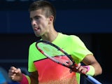 Borna Coric of Croatia reacts after winning a point against Andy Murray of Great Britian during their quarter final match on the fourth day of the ATP Dubai Duty Free Tennis Championships  on February 26, 2015