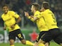 Marco Reus of Borussia Dortmund celebrates his goal with his team-mate Ciro Immobile (R) during the UEFA Champions League Round of 16 match between Juventus and Borussia Dortmund at Juventus Arena on February 24, 2015