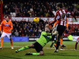 Jon-Miquel Toral of Brentford FC scores the 4th goal during the Sky Bet Championship match between Brentford and Blackpool at Griffin Park on February 24, 2015