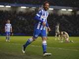 Inigo Calderon of Brighton & Hove celebrates after scoring a goal during the Sky Bet Championship match between Brighton & Hove Albion and Leeds United at Amex Stadium on February 24, 2015 
