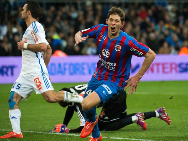 Caen's Argentinian forward Emiliano Sala celebrates after scoring a goal during the French L1 football match between Marseille (OM) and Caen (SMC) on February 27, 2015