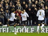 Jesse Lingard of Derby celebrates with teammates after scoring his team's second goal during the Sky Bet Championship match between Derby County and Charlton Athletic at iPro Stadium on February 24, 2015