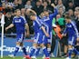 Diego Costa of Chelsea celebrates with team mates after his shot on goal is deflected in for a second by Kyle Walker of Spurs during the Capital One Cup Final match on March 1, 2015