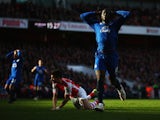 Romelu Lukaku of Everton reacts after a missed chance during the Barclays Premier League match between Arsenal and Everton at Emirates Stadium on March 1, 2015