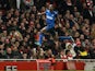 Monaco's French midfielder Geoffrey Kondogbia celebrates scoring the opening goal during the UEFA Champions League round of 16 first leg football match against Arsenal  on February 25, 2015