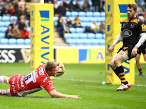 Ross Moriarty of Gloucester breaks away to score a try during the Aviva Premiership match between Wasps and Gloucester at The Ricoh Arena on March 1, 2015