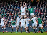 Dave Attwood of England wins lineout ball under presure from Peter O'Mahoney of Ireland during the RBS Six Nations match between Ireland and England at the Aviva Stadium on March 1, 2015