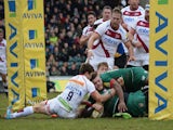 Laurence Pearce of Leicester Tigers touches down to score their first try during the Aviva Premiership match against Sale Sharks on February 28, 2015