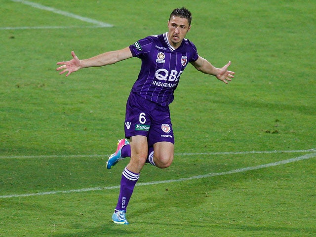 Dino Djulbic of the Glory celebrates after scoring a goal during the round 19 A-League match between Perth Glory and Brisbane Roar at nib Stadium on February 28, 2015
