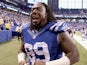 Ricky Jean Francois #99 of the Indianapolis Colts celebrates after the 17-10 win over the Houston Texans at Lucas Oil Stadium on December 14, 2014
