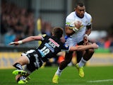Semesa Rokoduguni of Bath takes on Henry Slade of Exeter Chiefs during the Aviva Premiership match between Exeter Chiefs and Bath Rugby at Sandy Park on February 28, 2015